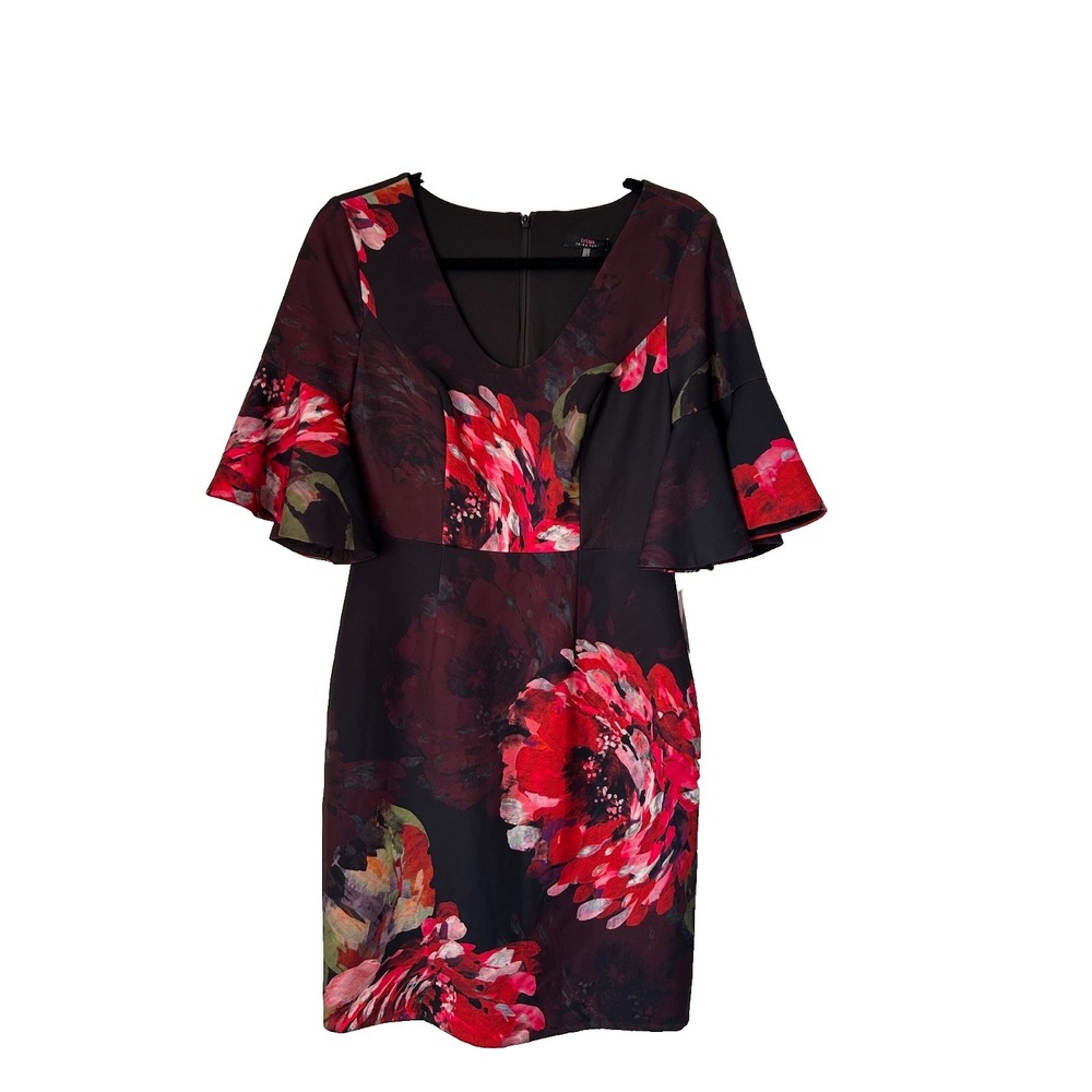 Trina Turk Sheath Dress Size 2‎ Black Red Floral V-Neck Bell Sleeve Bohemian